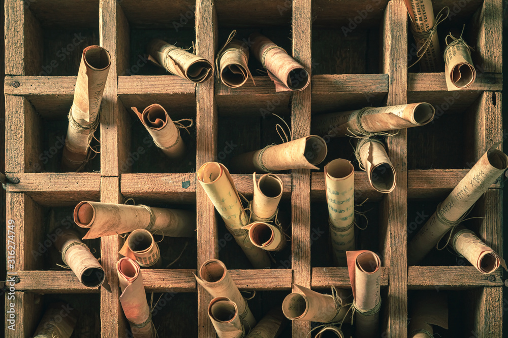 Poster extraordinary scribe library with scrolls based of futhark alphabet