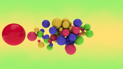 3D rendering of many colored balls of different colors and sizes. Balls together in a cloud. Childhood toys. Illustration for background compositions.