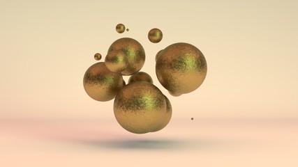 3D rendering of a set of Golden balls in space, in weightlessness. Gold has faded, rusted, aged, lost its value. Nugget on a dark background. Abstraction for business compositions on inflation.