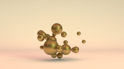 3D rendering of a set of Golden balls in space, in weightlessness. Gold has faded, rusted, aged, lost its value. Nugget on a dark background. Abstraction for business compositions on inflation.