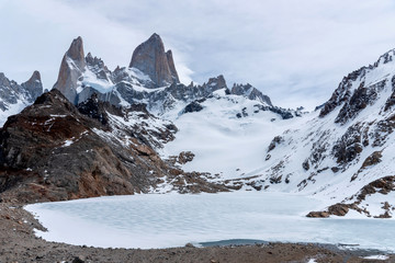 Icy lake melting in the base of FItz Roy Mountain, Patagonia, Argentina