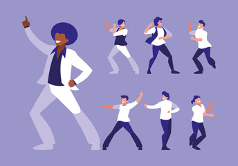 set of men in dance pose, party, dance club