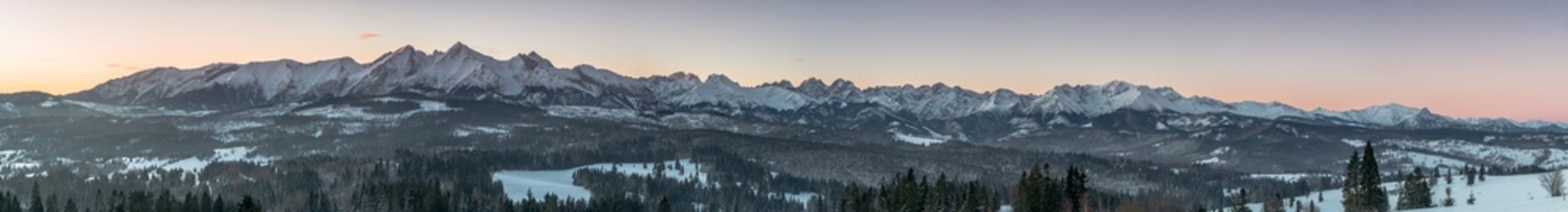 Tatra Mountain panorama in winter scenery from Lapszanka Pass.