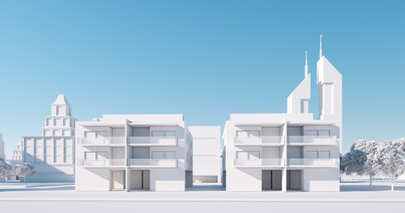 Miniature city model, regular street view. 3D render