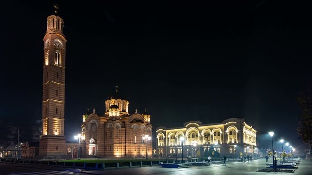 Illuminated Orthodox Cathedral of Christ the Saviour in Banja Luka, Republika Srpska, Bosnia and Herzegovina. Time lapse video.