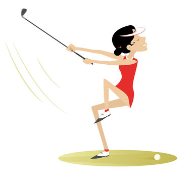 Smiling golfer woman on the golf course illustration. Cartoon smiling golfer woman aiming to do a good kick illustration