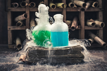 Extraordinary alchemist laboratory full of medieval and old scrolls