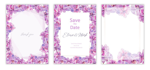 Watercolor hand painted frames set. Stunning pink orchidea on white background. Perfect for wedding invitation, greeting cards,scrapbooking, textile design, fabric, wallpaper, wrapping paper. © Tiana_Geo