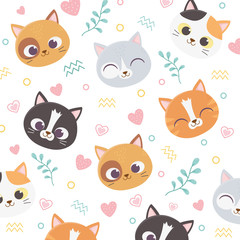 cute pet cats face hearts love foliage cartoon background