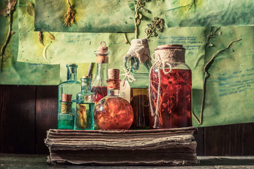 Creepy herbalist laboratory with plant descriptions and dried cards