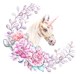 Plakat Watercolor hand painted unicorn, flowers, leaves and berries. Hand drawn illustration. Perfect for patterns, cards, wedding invitations, baby shower, web design, logo