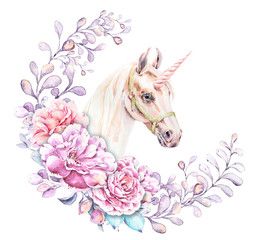 Obraz na płótnie Canvas Watercolor hand painted unicorn, flowers, leaves and berries. Hand drawn illustration. Perfect for patterns, cards, wedding invitations, baby shower, web design, logo