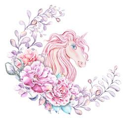 Watercolor hand painted unicorn, flowers, leaves and berries. Hand drawn illustration. Perfect for patterns, cards, wedding invitations, baby shower, web design, logo