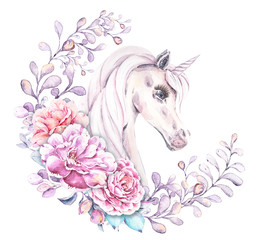 Obraz na płótnie Canvas Watercolor hand painted unicorn, flowers, leaves and berries. Hand drawn illustration. Perfect for patterns, cards, wedding invitations, baby shower, web design, logo