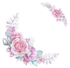 Watercolor hand painted floral composition with flowers, leaves and berries. Hand drawn illustration. Perfect for patterns, cards, wedding invitations, baby shower, web design, logo