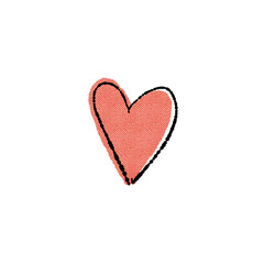 Hand drawing of red heart in sketchy retro style with dots halftone texture. Black outline.