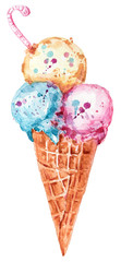 Watercolor hand painted ice cream. Illustration isolated on white background. Can be used for patterns, design greeting cards for holiday, birthday, invitations, poster, print.