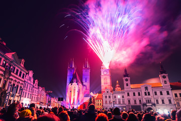 New Year fireworks in historic city center of Hradec Kralove, Czech Republic