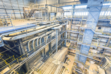 Interior of coal power plant. Industry interior with boilers. Production of electric energy
