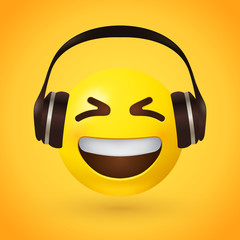 Emoji with headphones and scrunched, X-shaped eyes, a broad, open smile, showing upper teeth - smiling emoticon character design that enjoys listening to music  V - 316279912