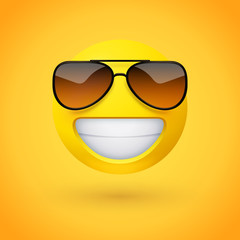 Beaming face emoji with stylish sunglasses and an open smile with a full-toothed grin as if saying Cheese! for the camera