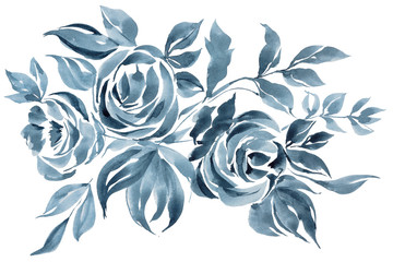Watercolor hand painted blue flower. Abstract artistic floral illustration on white background. Can...