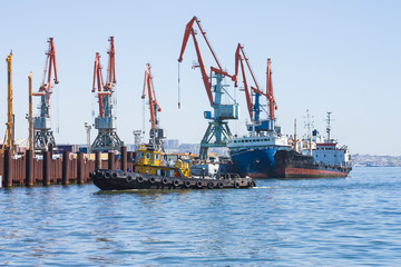 Panorama of the cargo seaport. In the water area of the port there are ships for unloading and loading and port cranes.