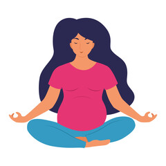 A pregnant woman is doing yoga. Lotus pose. Cute flat style vector illustration. Healthy lifestyle.