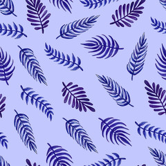 Watercolor blue exotic leaves seamless pattern. Hand painted exotic leaves illustration for summer design.