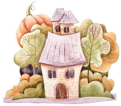Watercolor hand painted cute houses clipart on white background. Lovely illustration for stickers, print, pattern, greeting cards, invitations. Halloween houses, pumpkins, trees