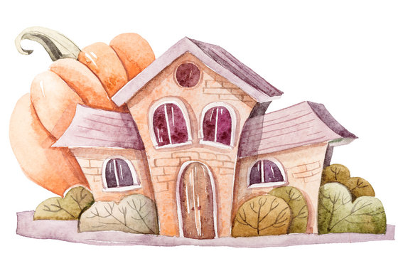 Watercolor hand painted cute houses clipart on white background. Lovely illustration for stickers, print, pattern, greeting cards, invitations. Halloween houses, pumpkins, trees