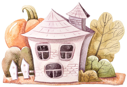 Watercolor hand painted cute houses clipart on white background. Lovely illustration for stickers, print, pattern, greeting cards, invitations. Halloween houses, pumpkins, trees