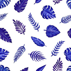 Fototapeta na wymiar Watercolor blue exotic leaves seamless pattern. Hand painted exotic leaves illustration for summer design.