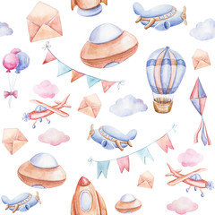 Watercolor hand painted birthday seamless pattern on white background. Space  air transport collection: airplane, kite, rocket, clouds