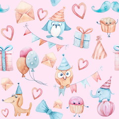 Watercolor hand painted birthday seamless pattern on pink background. Penguin, dog, elephant, present box , star, fish, cup cake, owl, heart collection