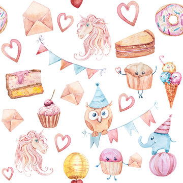 Watercolor hand painted birthday seamless pattern on white background. Penguin, unicorn, dog, elephant, present box , star, fish, cup cake, owl, heart collection