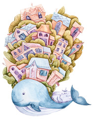 Fototapeta na wymiar Watercolor hand painted cartoon sea character. Cute lovely fantasy whale. Perfect for print, pattern, textile design, fabric, poster, travel blog