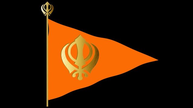 Orange Sikh flag with the image of gold Khanda - the main symbol of Sikhism, transparent background, video, alpha channel, 4K