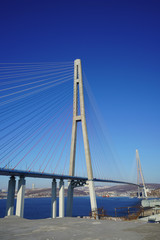 Landscape with a view of the Russian bridge against the blue sky.
