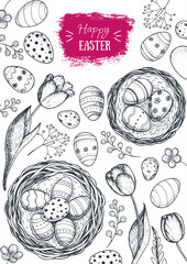 Obraz premium Happy Easter vintage frame. Hand drawn template for design. Easter eggs, spring tulip and branches collection. Retro style sketch