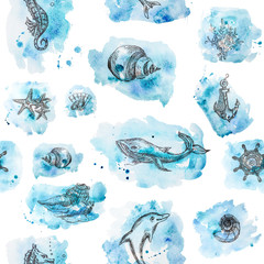 Watercolor hand painted seamless pattern on white background. Graphic ink sea life illustration set:whales, sea shells, dolphin, sea horse