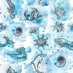 Watercolor hand painted seamless pattern on white background. Graphic ink sea life illustration set:whales, sea shells, dolphin, sea horse