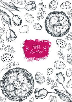 Happy Easter vintage frame. Hand drawn template for design. Easter eggs, spring tulip and branches collection. Retro style sketch