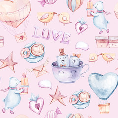 Cute watercolor hand painted set with white bears, balloons, hearts, gift boxes, flag garland, envelopes on pink background. Perfect for valentine's day card, print, invitation. Seamless pattern.