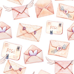 Watercolor seamless pattern with different types of envelopes. Illustration on white background. Perfect for scrapbooking, valentines day decoration, wrapping paper, wedding decor, greeting cards