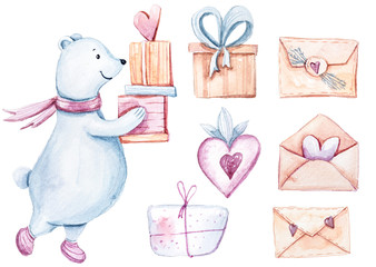 Cute watercolor hand painted set with white bear, hearts, gift boxes, envelopes, on white background. Perfect for valentine's day card, print, wedding invitation