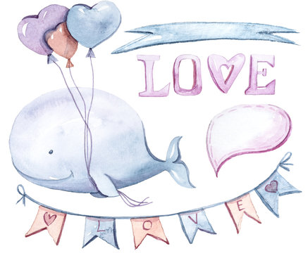 Cute watercolor hand painted set with cartoon whales, balloons, hearts, lag garland on white background. Perfect for valentine's day card, print, wedding invitation