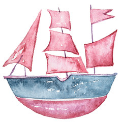 Watercolor cartoon fantasy boat/ship on white background. Sea illustration on white background. Can be used for lovely kids print, pattern, wrapping paper, scrapbooking