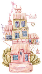 Aquarel cartoon schattig fantasie mooi huis. Valentijnsdag llustration op witte achtergrond. Perfect voor babyprint, kinderkamerinrichting, patroon, stof, textielontwerp, inpakpapier, scrapbooking