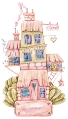Fotobehang Fantasie huisjes Aquarel cartoon schattig fantasie mooi huis. Valentijnsdag llustration op witte achtergrond. Perfect voor babyprint, kinderkamerinrichting, patroon, stof, textielontwerp, inpakpapier, scrapbooking